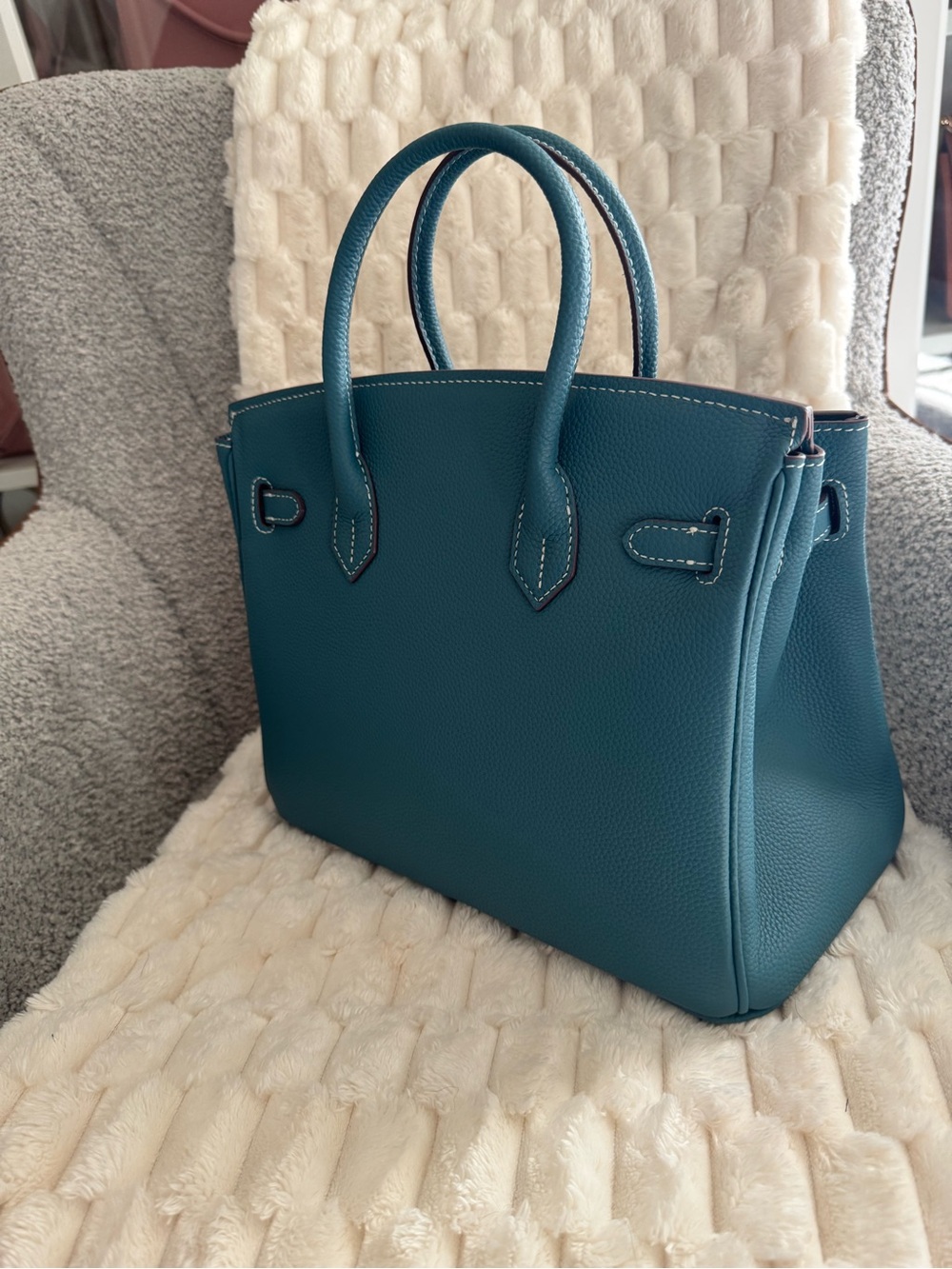 30 cm Elegant Teal Leather Top-Handle Bag - Picture 8 of 8